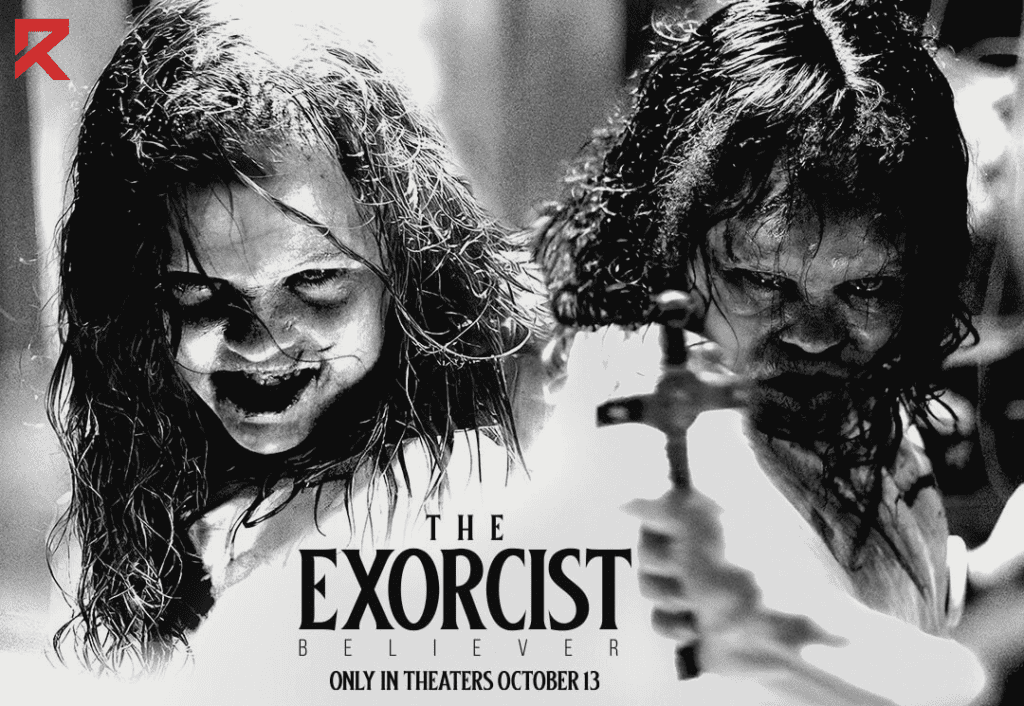 The exorcist is one of the new scary movies coming out and in its poster a possessed girl is standing with the sign of cross in his hand.