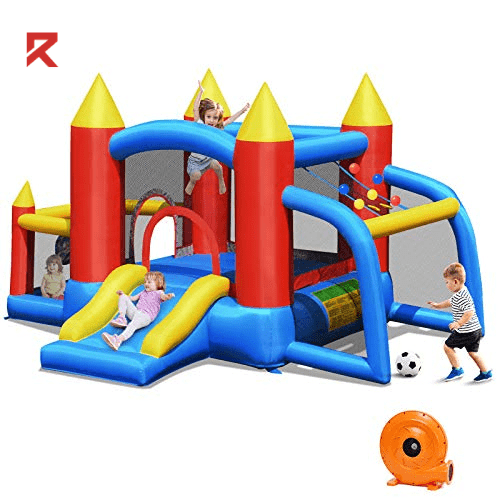 Inflatable house for kids to play in green, blue and yellow colors
