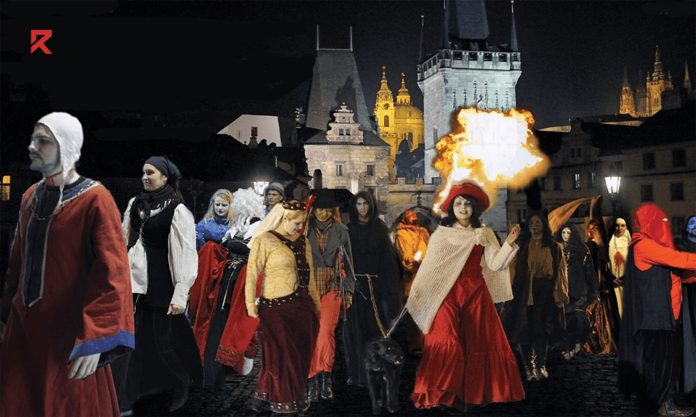 People are outside the Prague Castle in Halloween costumes