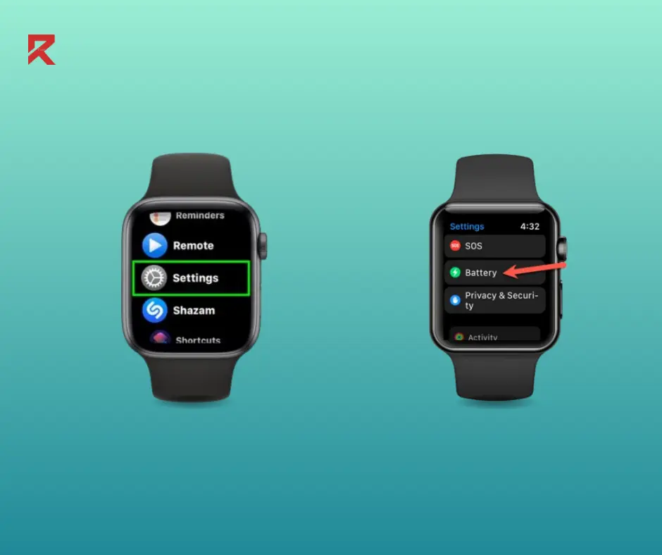 Two separate interfaces of apple watch. Left one shows the setting tab and the right one is highlighting the battery option which is helpful to know about how to check apple watch battery. 